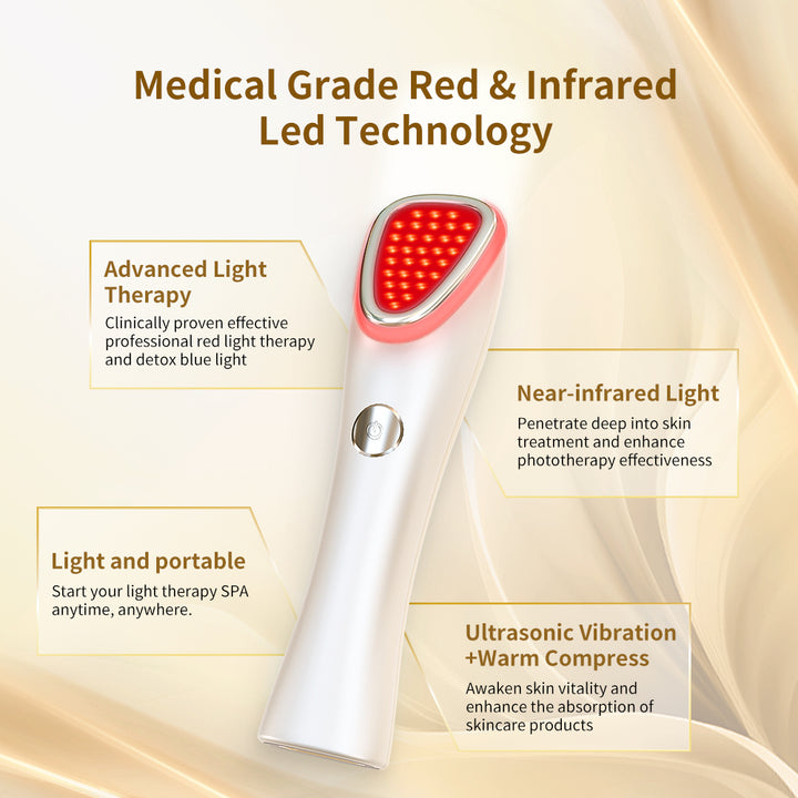  red and infrared LED technology device with Mode indicators for red, blue and NIR—wand on beige background