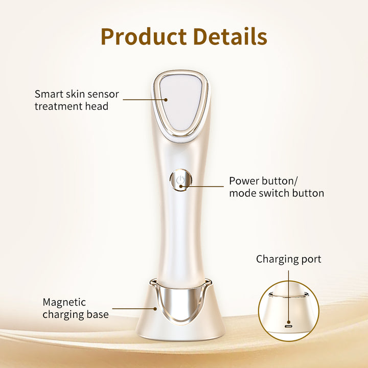 Product details of a skincare device with labeled parts on a beige background