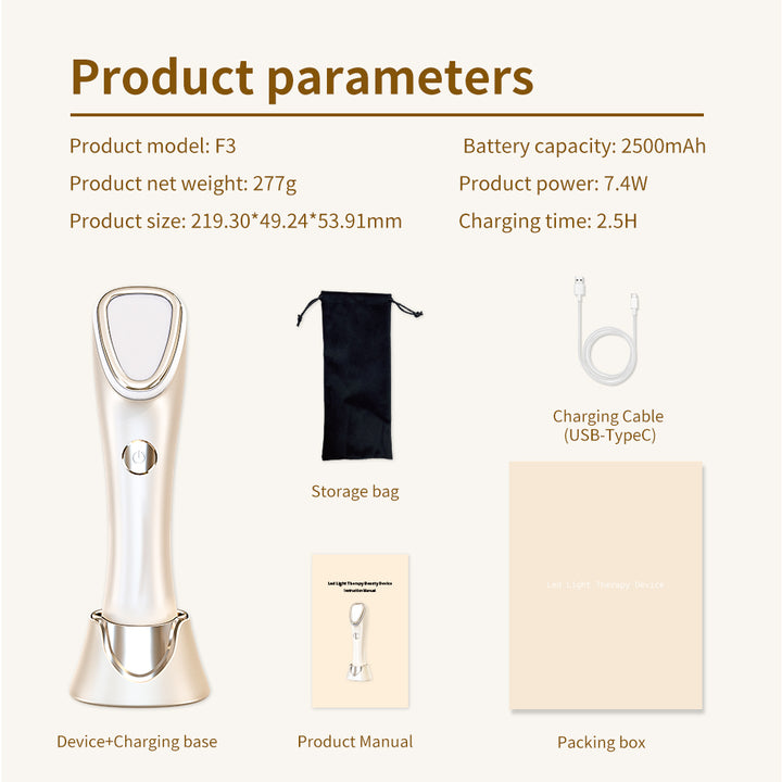 Product parameters of a device with charging base, storage bag, product manual, and packing box on a beige background.