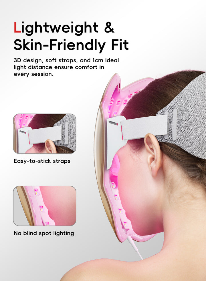 Side view of Serenflux LED face mask on model—soft adjustable strap, pink LEDs, close-fit design with even, no-blind-spot lighting