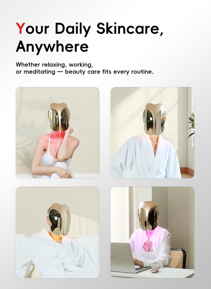 Four lifestyle scenes showing Serenflux mirrored LED face mask used while relaxing, working, and meditating; soft pink light visible