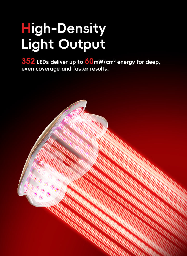 LED light emitting red rays with text about high-density light output on a dark background